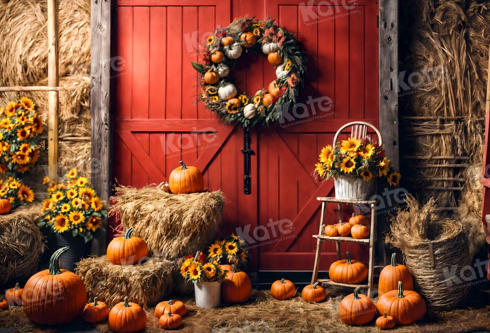 Kate Autumn Backdrop Pumpkins Red Barn Door Sunflowers for Photography