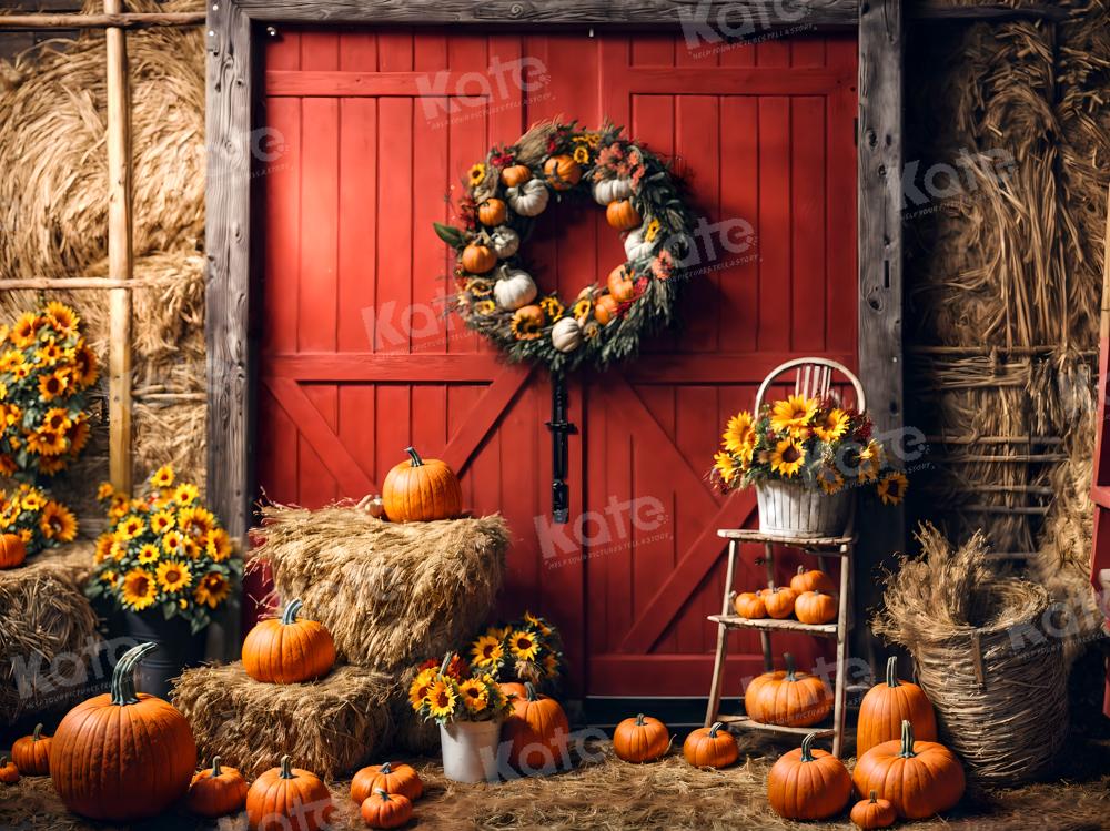 Kate Autumn Backdrop Pumpkins Red Barn Door Sunflowers for Photography