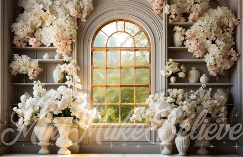 Kate White Flowers Window Exterior Spring Easter Backdrop Designed by Mini MakeBelieve - Kate Backdrop AU