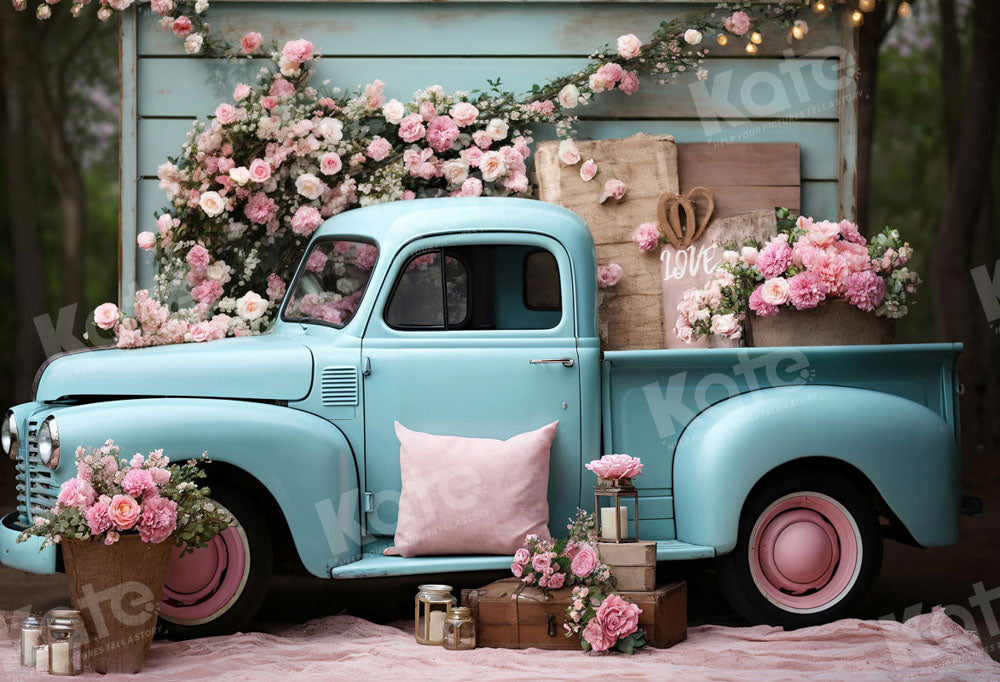 Kate Valentine's Day Pink Flowers Truck Backdrop Designed by Emetselch - Kate Backdrop AU