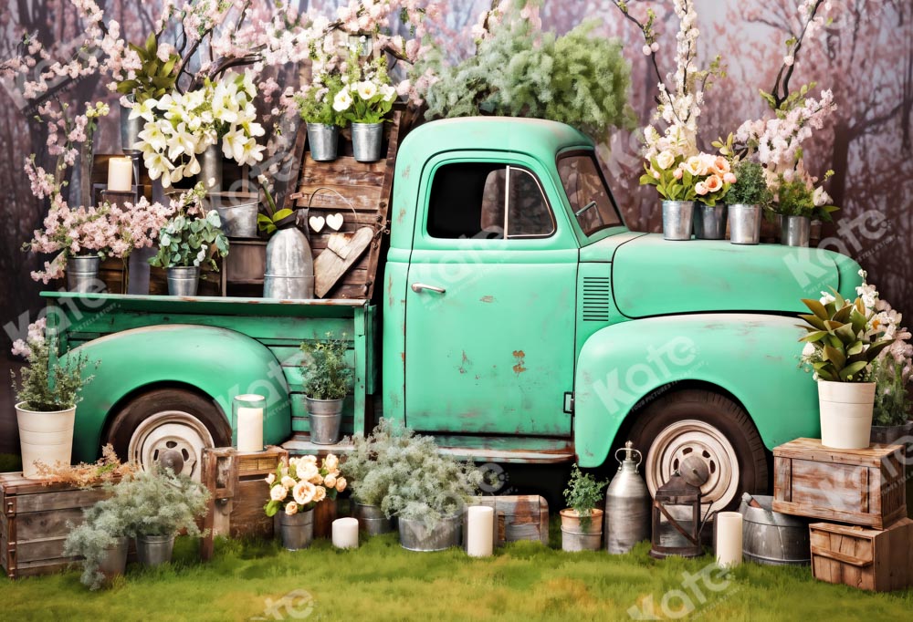 Kate Spring Green Truck Flowers Backdrop Designed by Emetselch - Kate Backdrop AU