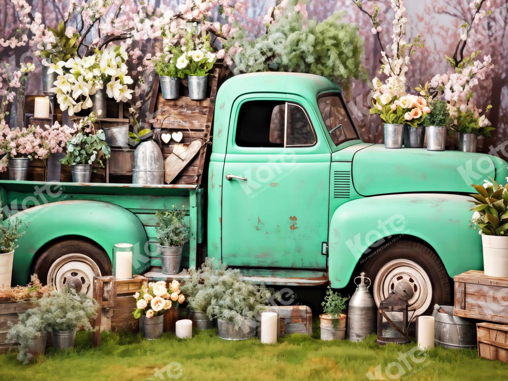 Kate Spring Green Truck Flowers Backdrop Designed by Emetselch - Kate Backdrop AU
