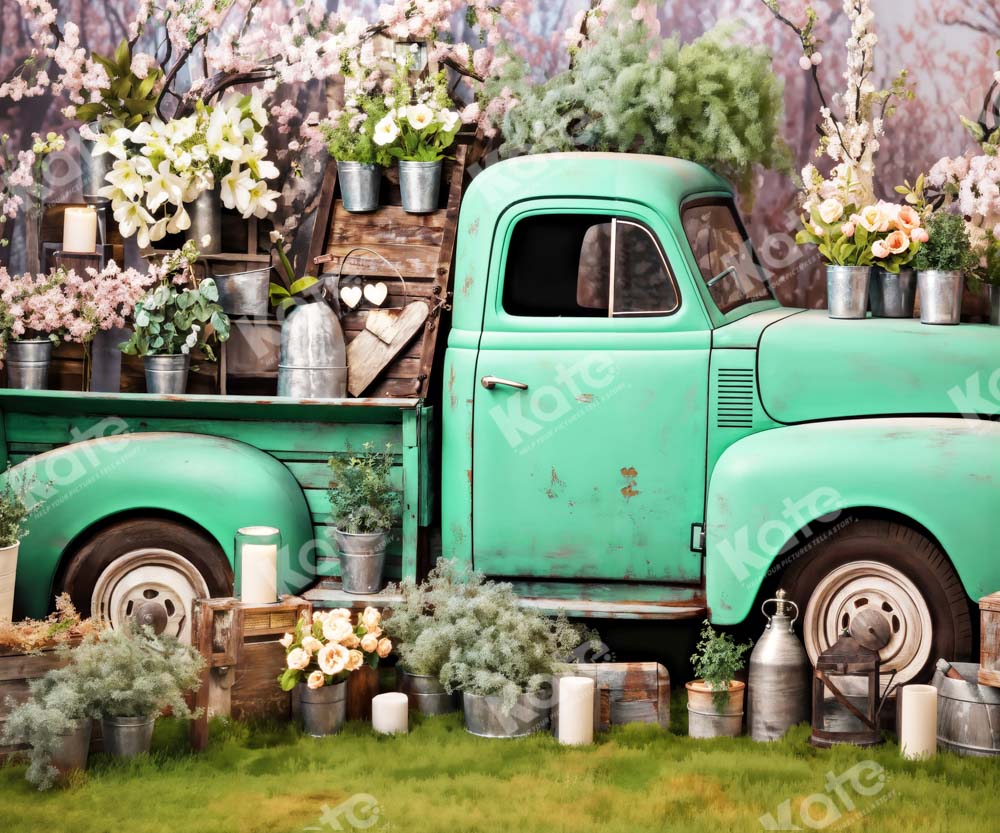 Kate Spring Green Truck Flowers Backdrop Designed by Emetselch - Kate Backdrop AU