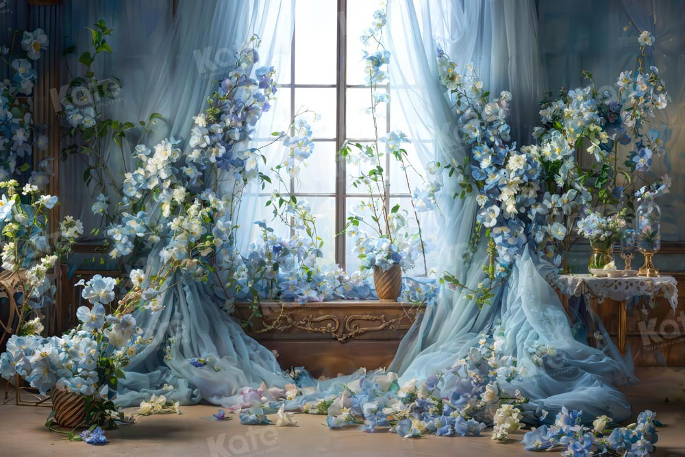 Kate Blue Flower Curtain Window Room Backdrop Designed by Emetselch