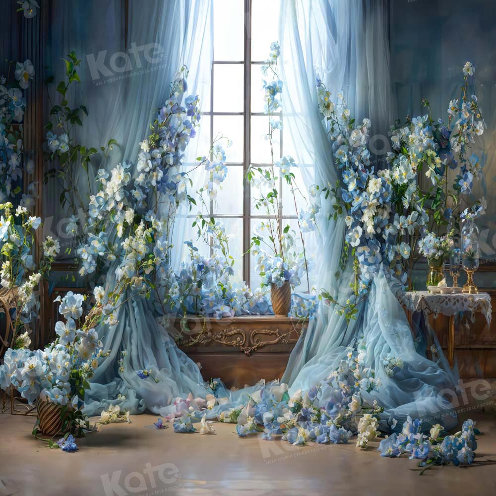 Kate Blue Flower Curtain Window Room Backdrop Designed by Emetselch