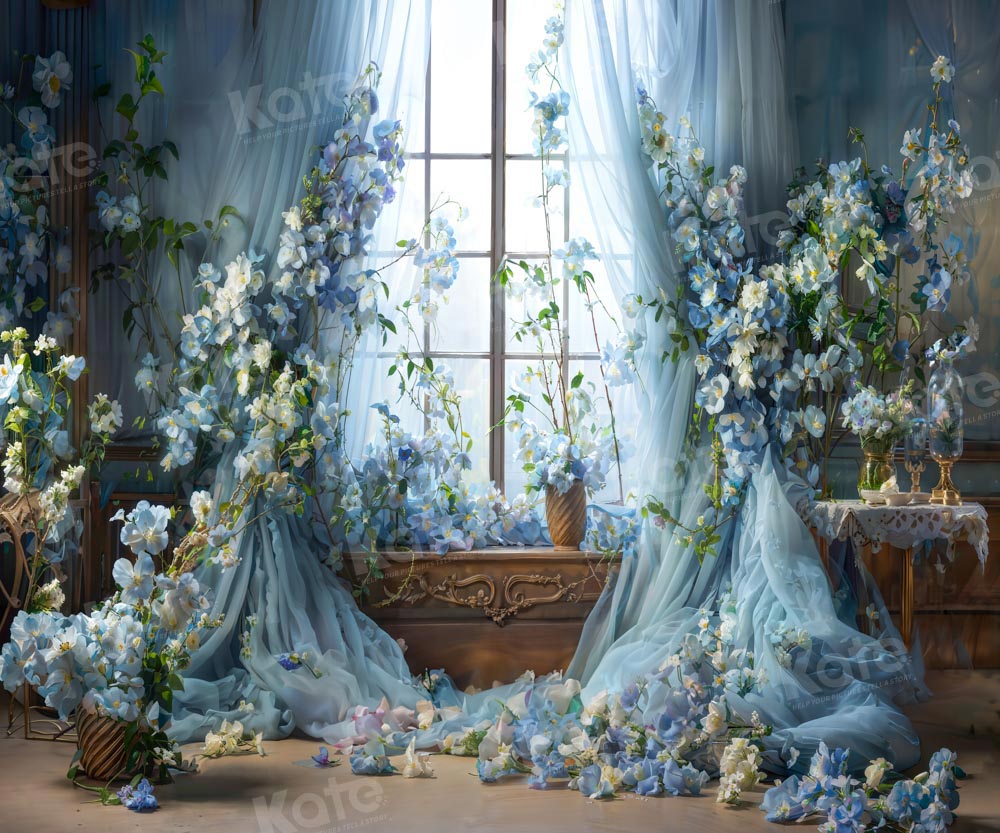 Kate Blue Flower Window Spring Fleece Backdrop Designed by Emetselch