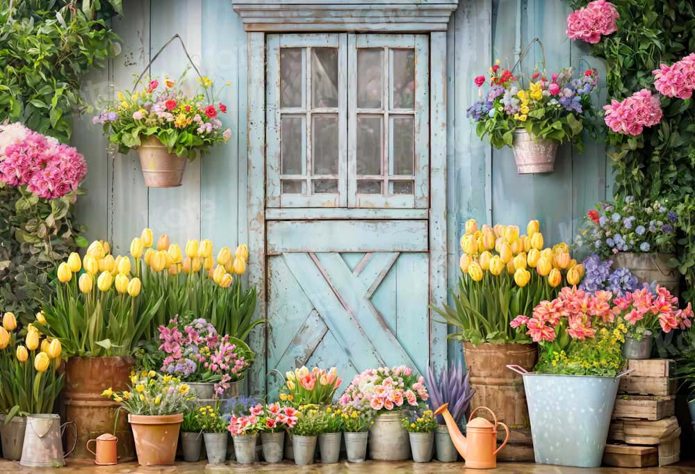 Kate Spring Backdrop Blue Wooden Door Flowers Green Plants Designed by Emetselch - Kate Backdrop AU