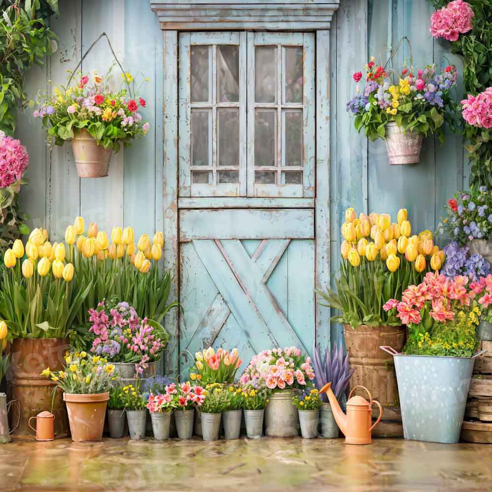 Kate Spring Backdrop Blue Wooden Door Flowers Green Plants Designed by Emetselch - Kate Backdrop AU