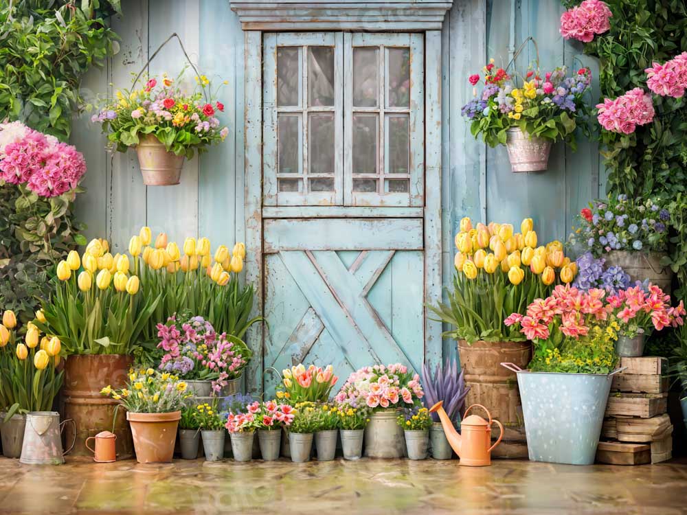 Kate Spring Backdrop Blue Wooden Door Flowers Green Plants Designed by Emetselch