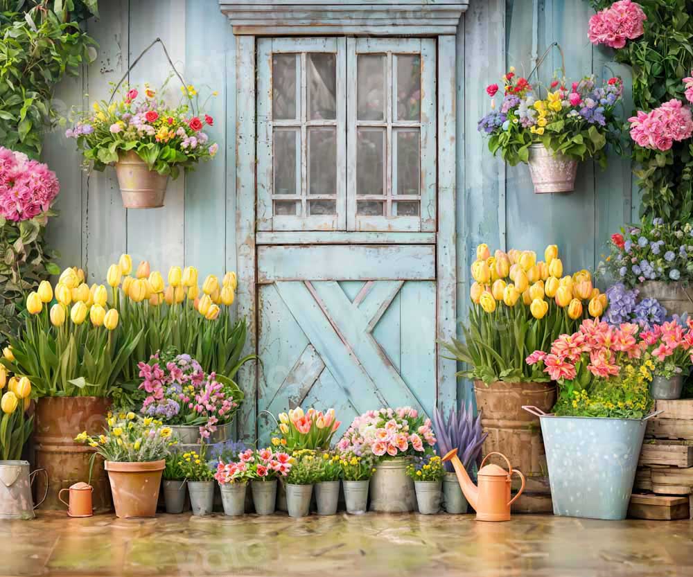 Kate Spring Backdrop Blue Wooden Door Flowers Green Plants Designed by Emetselch - Kate Backdrop AU