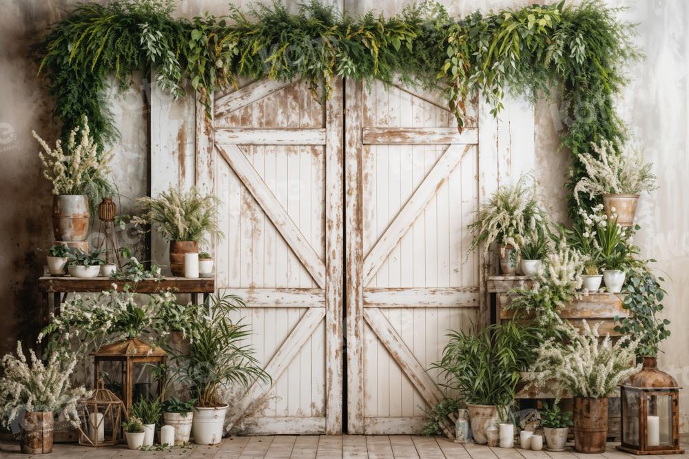 Kate Spring Backdrop White Wooden Door Green Plants Designed by Emetselch - Kate Backdrop AU