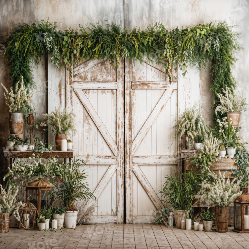 Kate Spring Backdrop White Wooden Door Green Plants Designed by Emetselch - Kate Backdrop AU