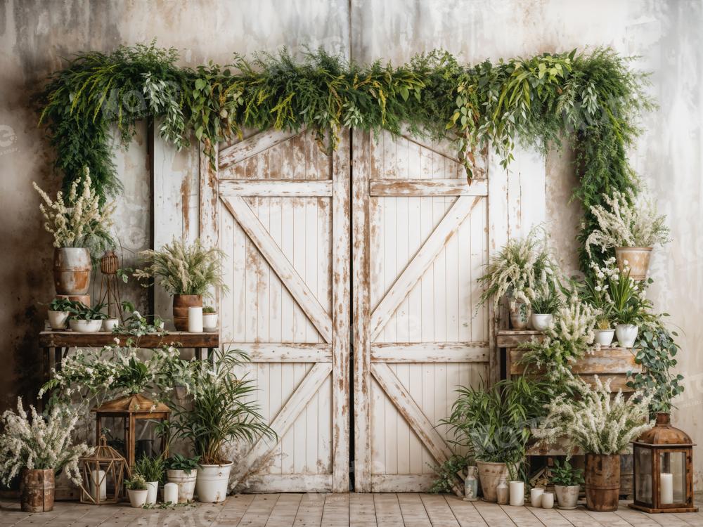 Kate Spring Backdrop White Wooden Door Green Plants Designed by Emetselch - Kate Backdrop AU