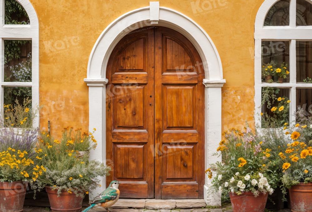 Kate Yellow Flowers Backdrop Wooden Door Window for Photography