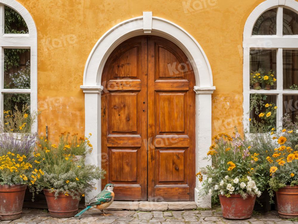 Kate Yellow Flowers Backdrop Wooden Door Window for Photography