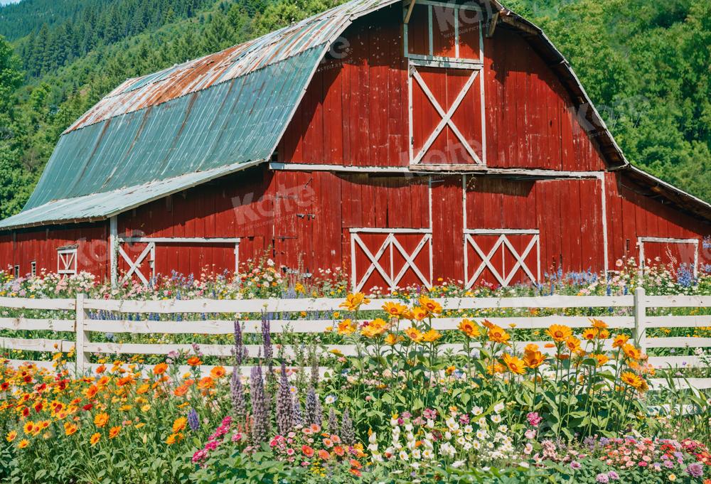 Kate Spring Flowers Fence Red Barn Backdrop for Photography - Kate Backdrop AU