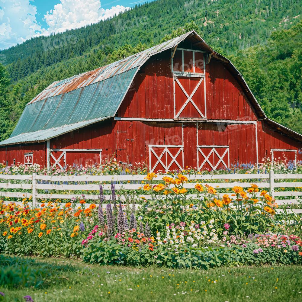 Kate Spring Flowers Fence Red Barn Backdrop for Photography - Kate Backdrop AU