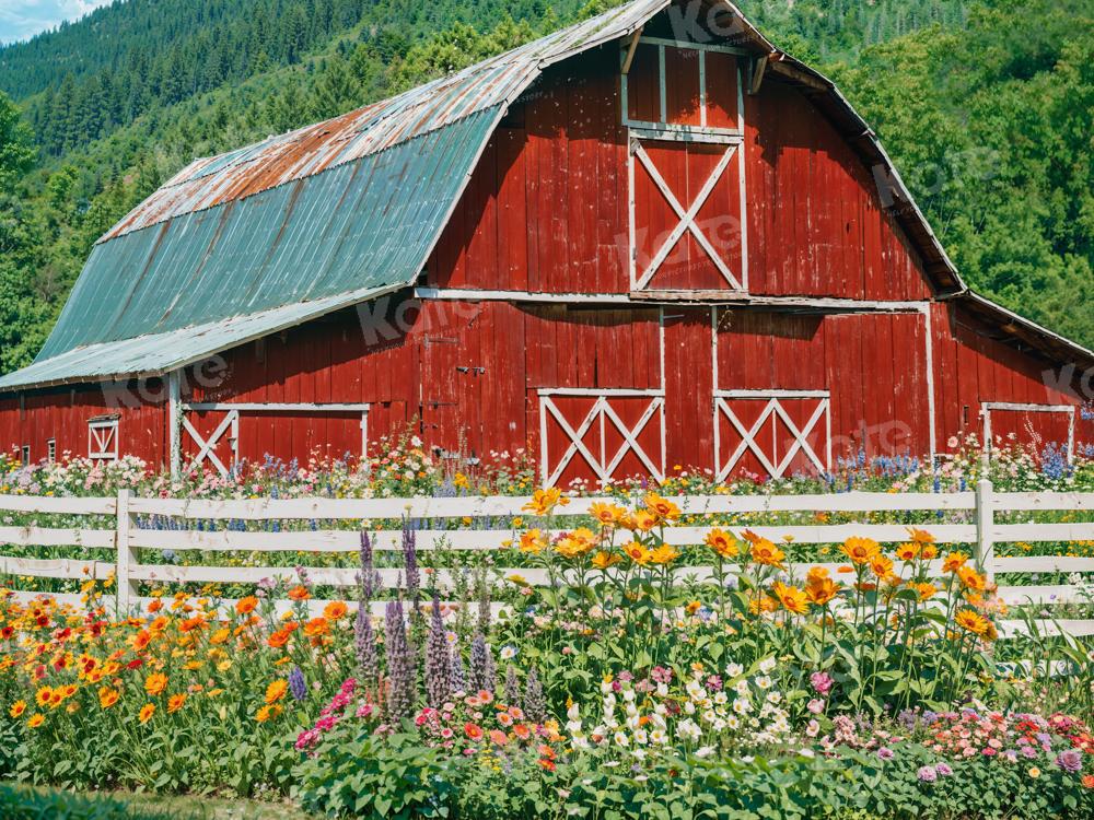 Kate Spring Flowers Fence Red Barn Backdrop for Photography - Kate Backdrop AU