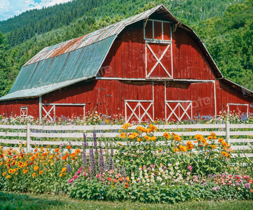 Kate Spring Flowers Fence Red Barn Backdrop for Photography - Kate Backdrop AU