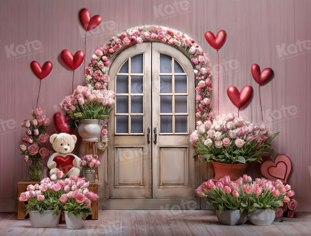 Kate Pink Valentine's Day Flowers Balloon Bear Backdrop Designed by Chain Photography