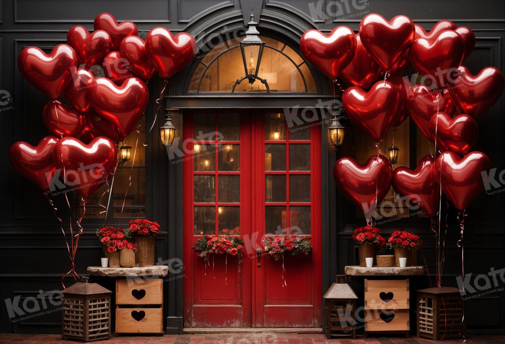 Kate Valentine's Day Backdrop Balloons Flowers Red Wooden Door Designed by Chain Photography
