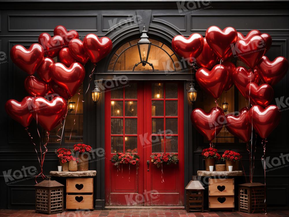Kate Valentine's Day Backdrop Balloons Flowers Red Wooden Door Designed by Chain Photography