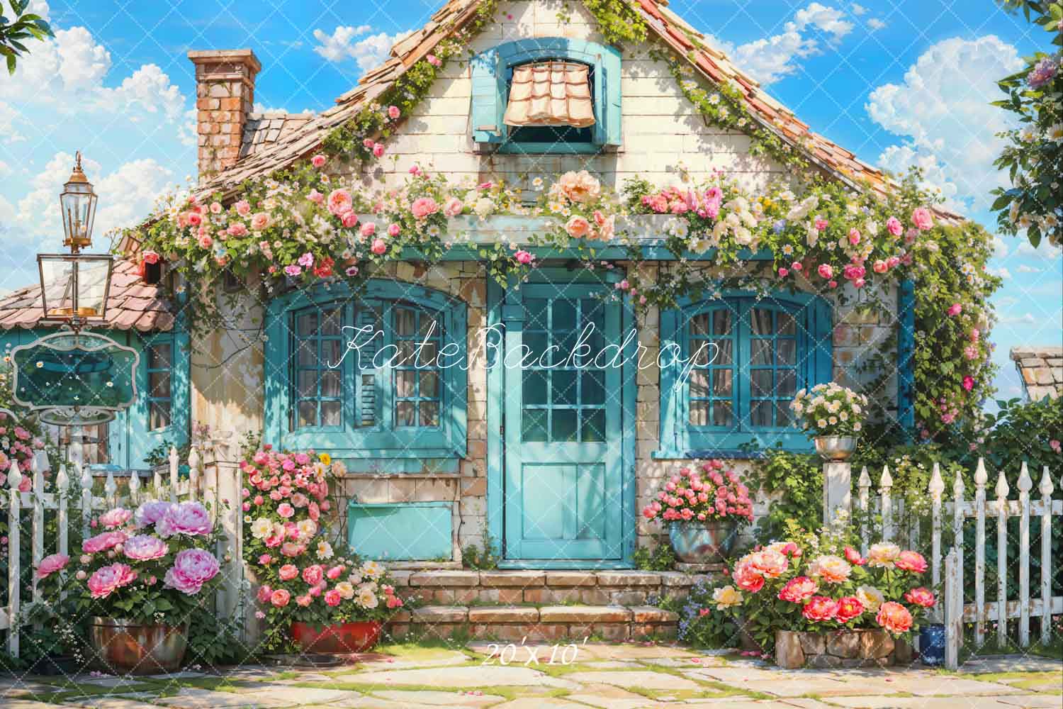 Kate Spring Flowers Fence Blue House Backdrop Designed by Emetselch - Kate Backdrop AU