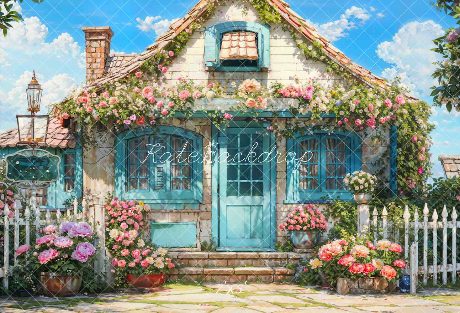 Kate Spring Flowers Fence Blue House Backdrop Designed by Emetselch - Kate Backdrop AU