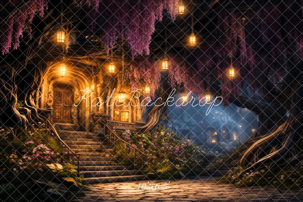 Kate Spring Night Lights Forest Cabin Backdrop Designed by Chain Photography