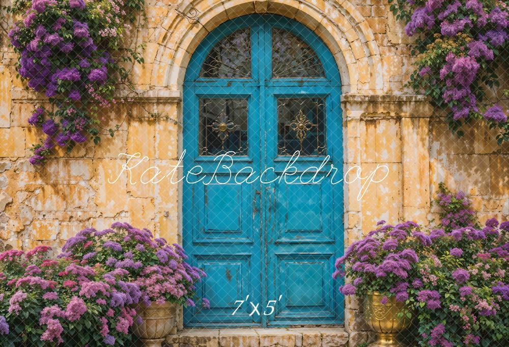 Kate Spring Purple Flowers Backdrop Blue Wooden Door for Photography