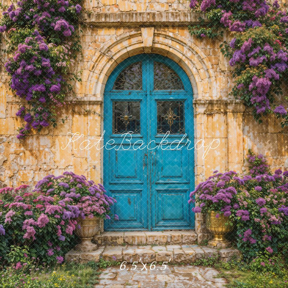 Kate Spring Purple Flowers Backdrop Blue Wooden Door for Photography - Kate Backdrop AU