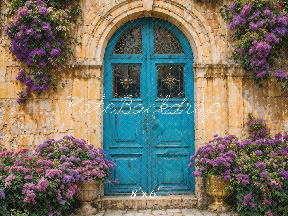 Kate Spring Purple Flowers Backdrop Blue Wooden Door for Photography - Kate Backdrop AU