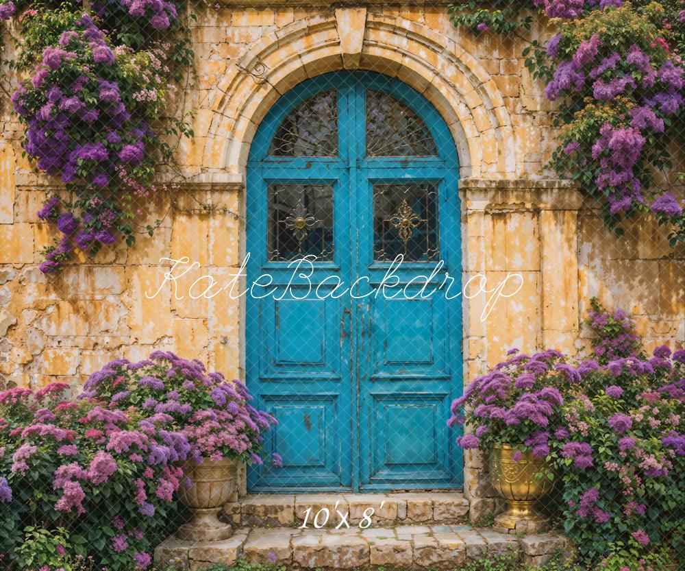 Kate Spring Purple Flowers Backdrop Blue Wooden Door for Photography - Kate Backdrop AU