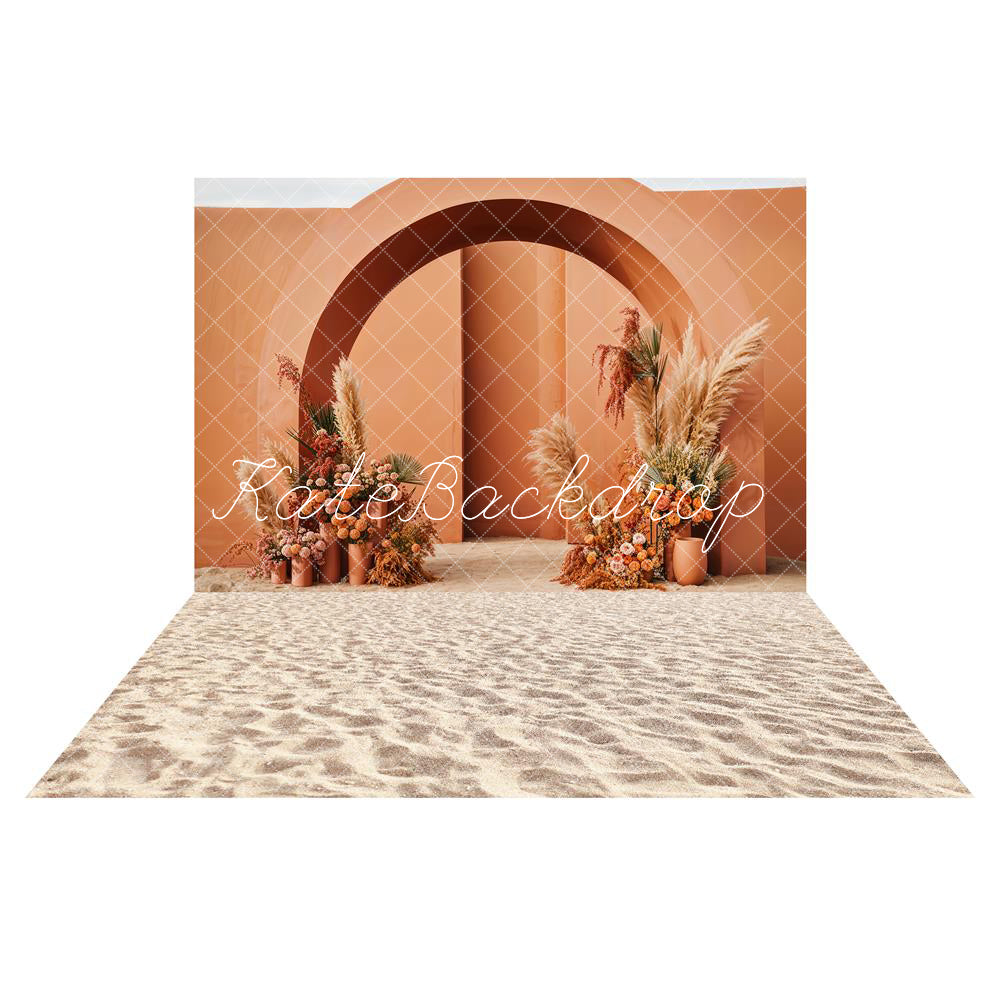 Kate Boho Flowers Orange Arch Backdrop+Sandy Beach Floor for Photography