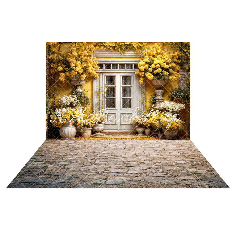 Kate Spring Yellow Flowers Wooden Doors Backdrop+Rugged Patterned Path Floor for Photography