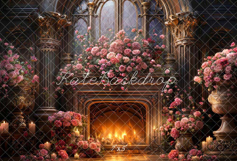 Kate Valentine's Day Pink Rose Metal Fireplace Backdrop Designed by Chain Photography
