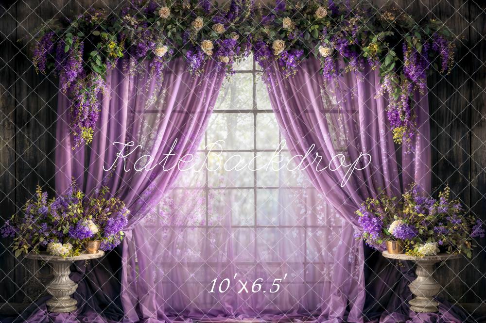 Kate Spring Purple Curtains Fresh Flowers Backdrop Designed by Chain Photography