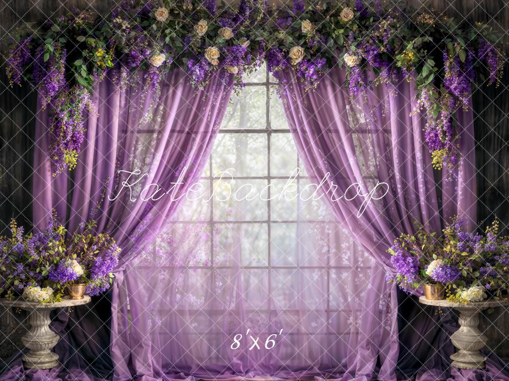 Kate Spring Purple Curtains Fresh Flowers Backdrop Designed by Chain Photography