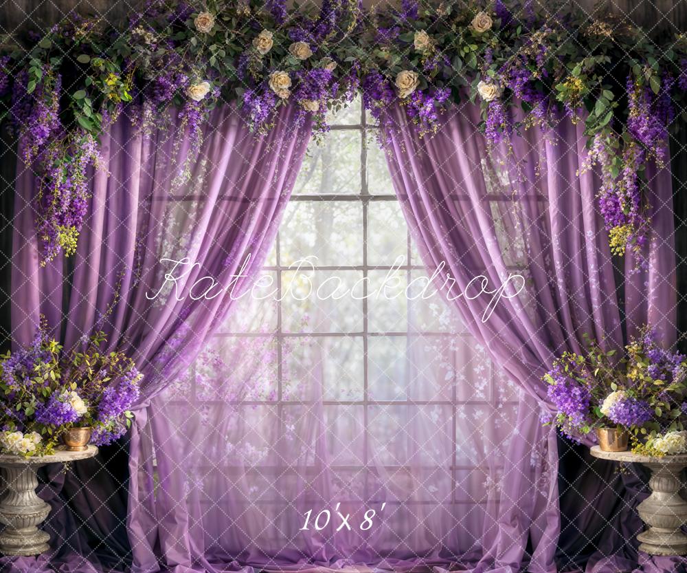 Kate Spring Purple Curtains Fresh Flowers Backdrop Designed by Chain Photography