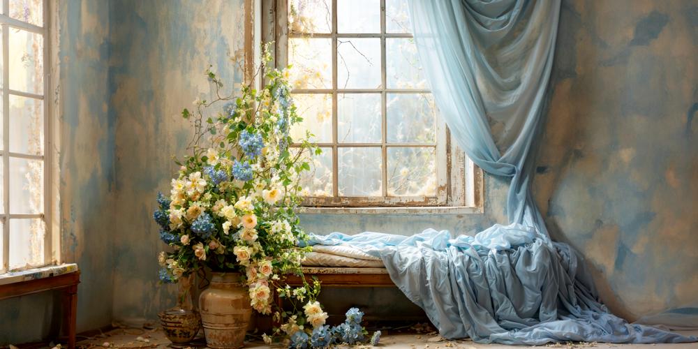 Kate Spring Blue Curtains Flowers Windows Room Backdrop Designed by Emetselch - Kate Backdrop AU