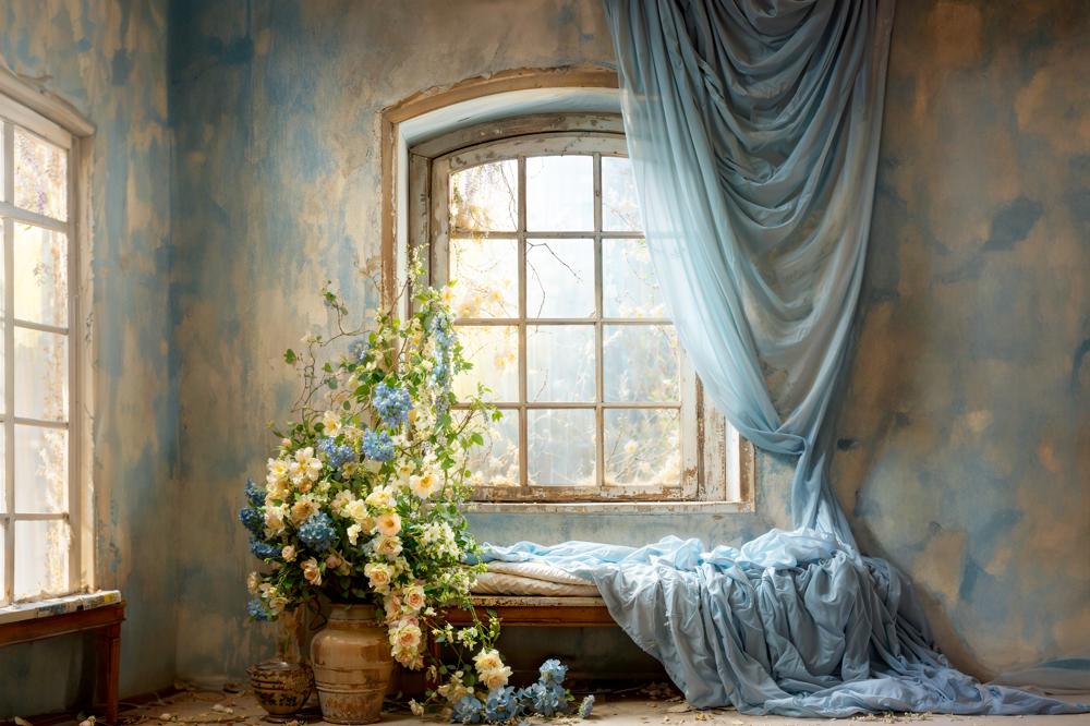 Kate Spring Blue Curtains Flowers Windows Room Backdrop Designed by Emetselch