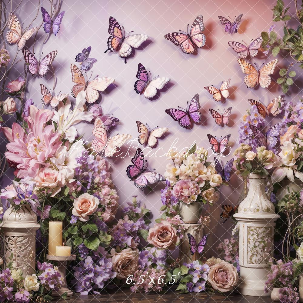 Kate Spring Pink and Purple Flowers Butterfly Wall Backdrop Designed by Emetselch