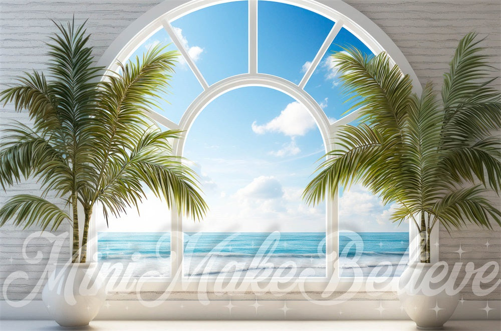 Kate Summer Beach Window Palm Trees Backdrop Designed by Mini MakeBelieve