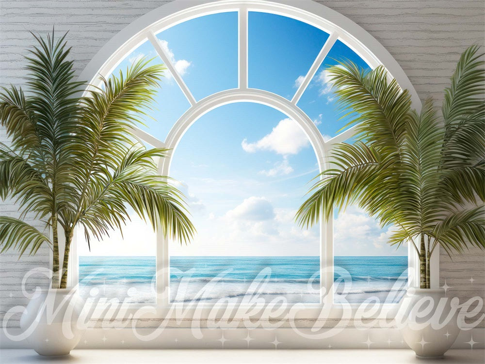 Kate Summer Beach Window Palm Trees Backdrop Designed by Mini MakeBelieve