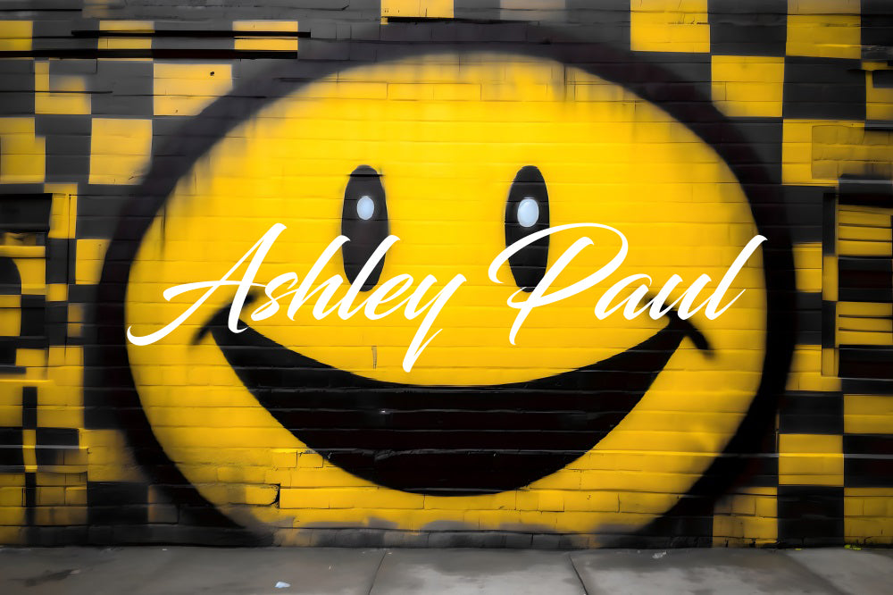 Kate Yellow Smiley Graffiti Brick Wall Backdrop Designed by Ashley Paul