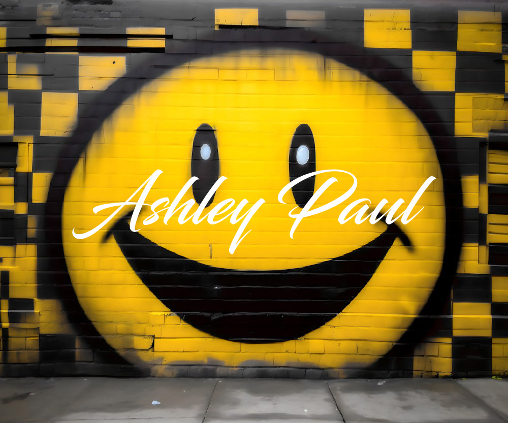 Kate Yellow Smiley Graffiti Brick Wall Backdrop Designed by Ashley Paul