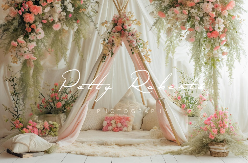 Kate White Spring Teepee with Flowers Backdrop Designed by Patty Roberts