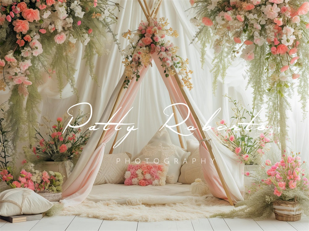 Kate White Spring Teepee with Flowers Backdrop Designed by Patty Roberts