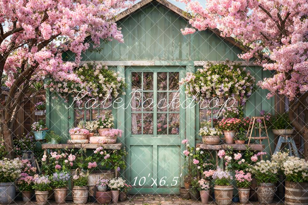 Kate Spring Flowers Green Wooden Door Backdrop Designed by Emetselch - Kate Backdrop AU