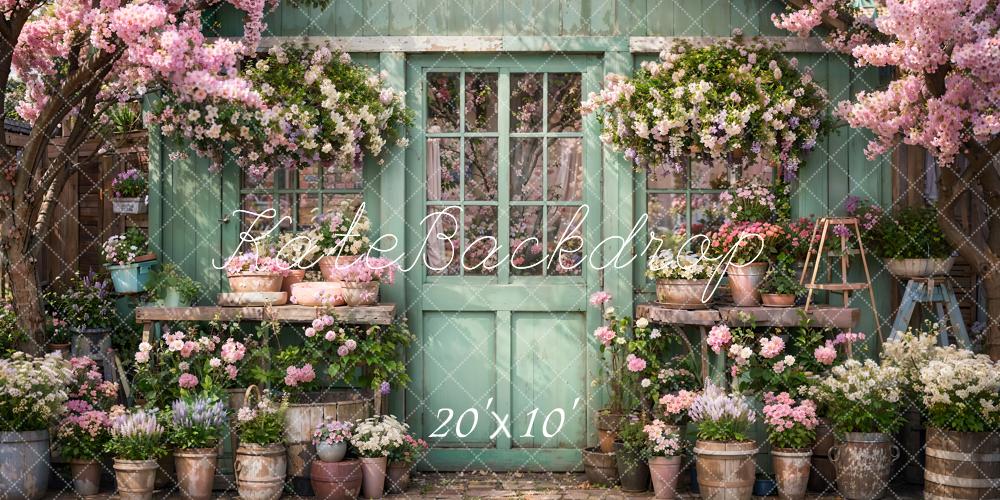 Kate Spring Flowers Green Wooden Door Backdrop Designed by Emetselch - Kate Backdrop AU